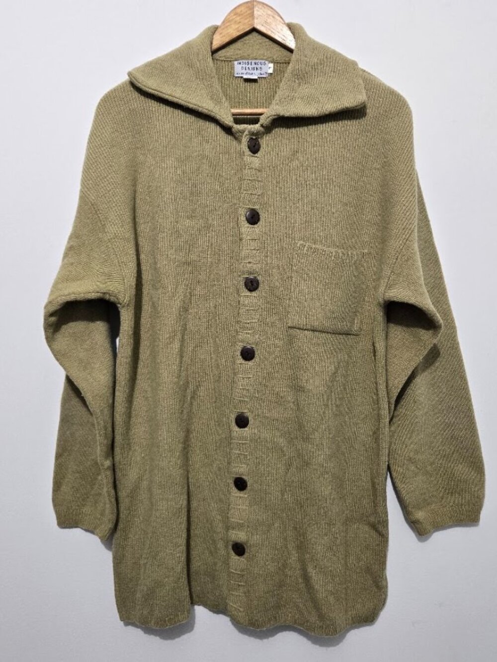 Indigenous Designs Button Up Wool Cardigan Sweater Size L Olive Green Fall Cozy